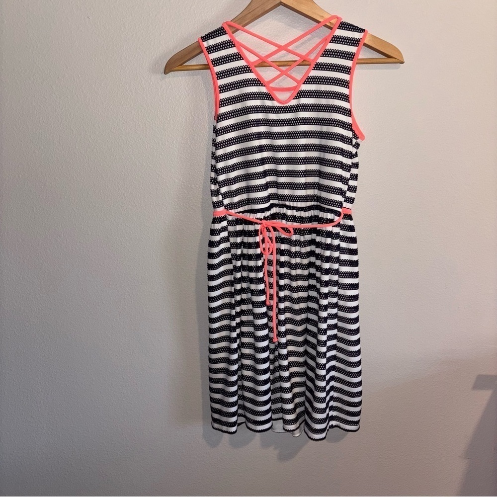 Striped Navy and White Kids Dress with Pink Accents - Picture 3 of 5